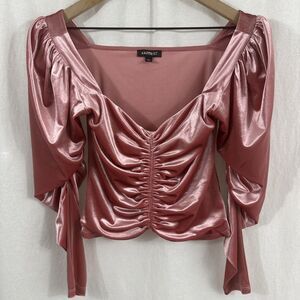 Express Pink Velvet Ruched Puff Long Sleeve Top Womens XS Coquette Regency Glam